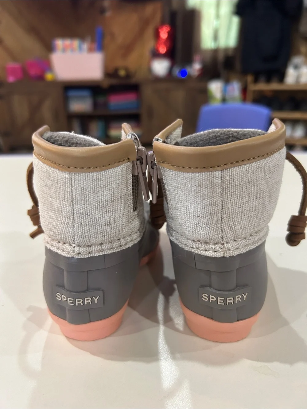 Sperry Kids Gray Duck Boots with Pink Soles